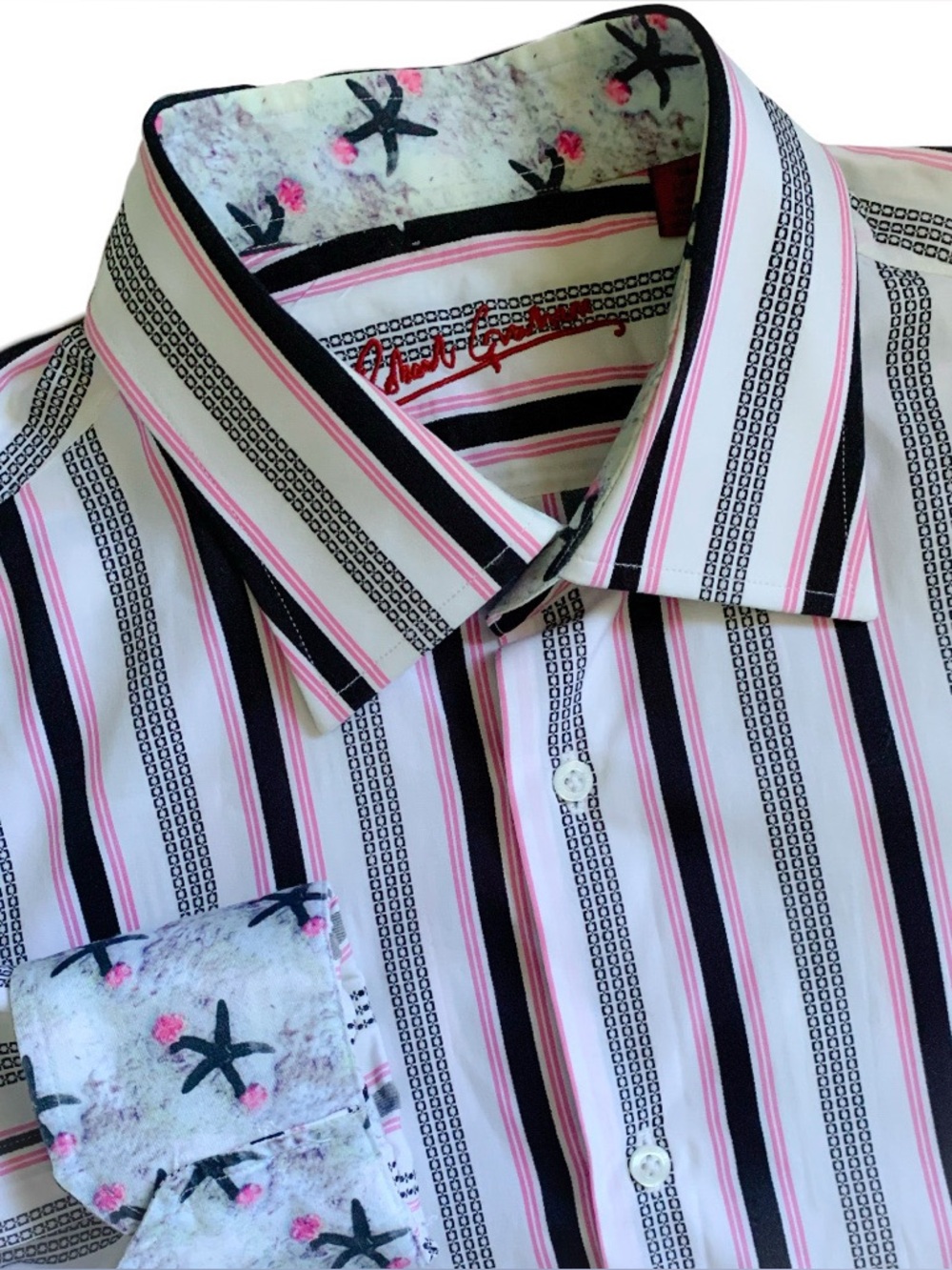 Robert Graham Black Pink Striped Flip Cuff Button Up Long Sleeve Shirt Size 16